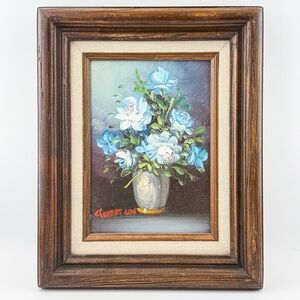 Vintage Blue Floral Framed Oil Painting